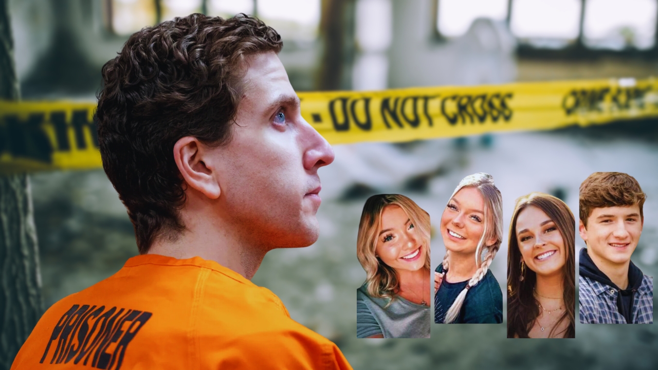 A Man in An Orange Prisoner Outfit Looks Away Thoughtfully, Juxtaposed Against a Backdrop of A Crime Scene Tape and Photos of Four Smiling Young Students